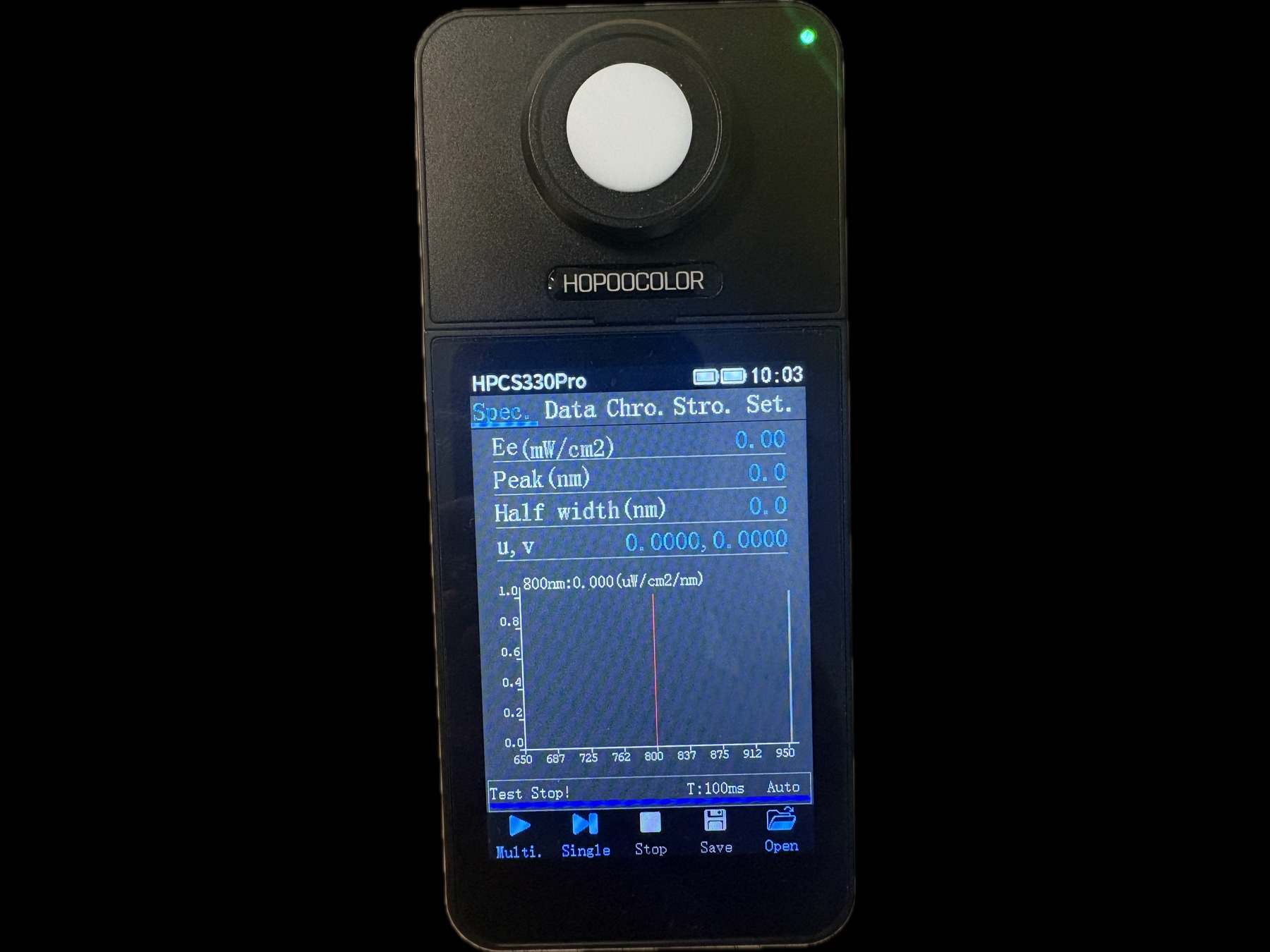HPCS330Pro handheld spectroradiometer showing a live measurement readout