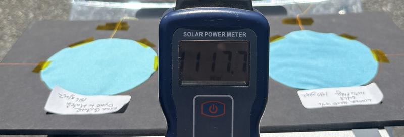 Solar irradiance meter reading 1,117.7 watts per square metre